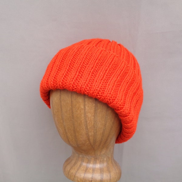 Bright Orange Hat, Hand Knit, Peruvian Wool, Teens Men Women, Watch Cap Beanie, Tangerine Orange, Hunter Safety