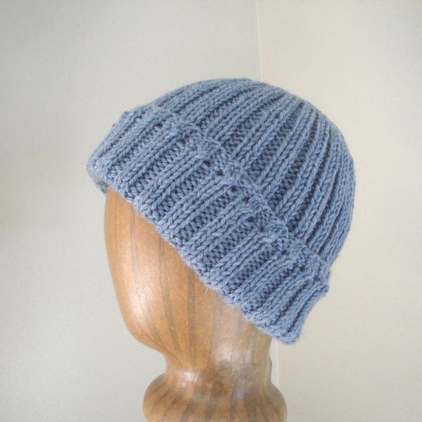 Women's Knit Hat, Stretchy Fit, Light Denim Blue, Pure Wool, Watch Cap Beanie, Teen Girls Warm Cap