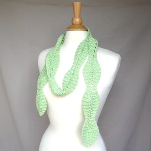 Leaf Shape Scarf, Pale Green, Hand Knit Skinny Scallop Scarf, Thin Neck Wrap, Cotton Linen Modal, Women Teens Girls Summer Accessory