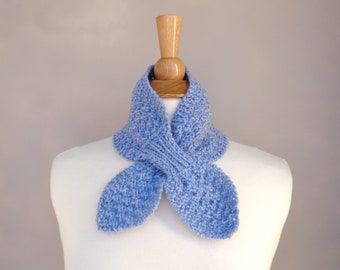 Childs Ascot Scarf, Pale Blue, Hand Knit, Neck Warmer, Small Bow Scarf, Toddler Kids Scarf, Wool & Acrylic, Cowl Scarf