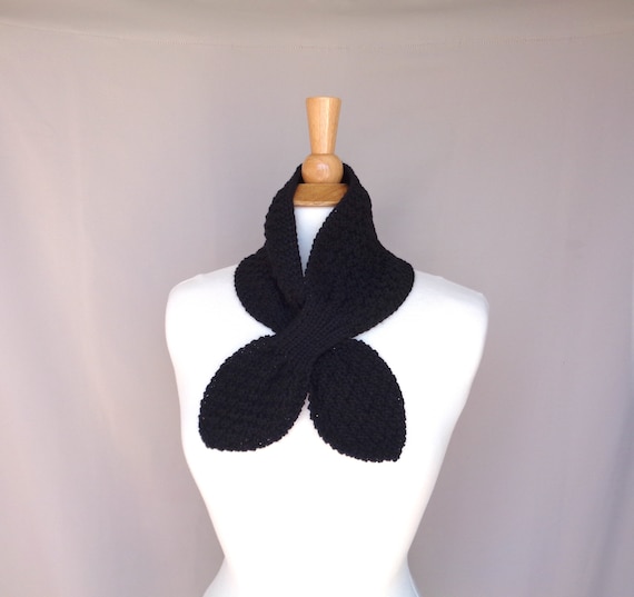 Black Ascot Scarf, Neck Warmer, Hand Knit Merino Cashmere, Elegant Refined Chic Office Style, Women's Neck Scarf