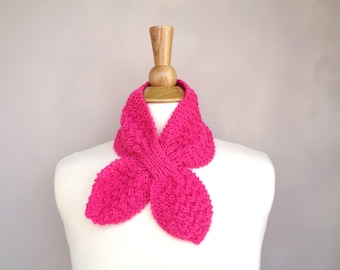 Girls Ascot Scarf, Bright Pink, Hand Knit, Neck Warmer, Small Bow Scarf, Toddler Kids Scarf, Wool & Acrylic, Cowl Scarf