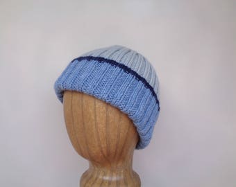 Warm Wool Beanie Hat, Hand Knit, Gray with Blue Stripes, Watch Cap, Teens Women Adults, Stretchy Fit Cap, Gift for Brother