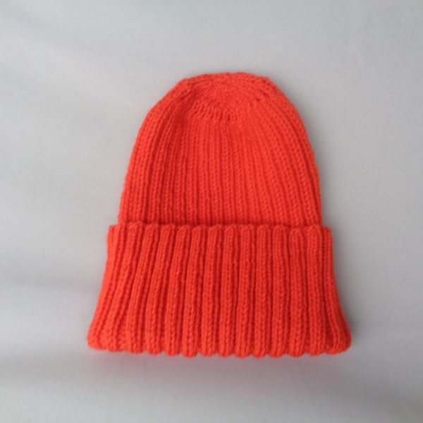XL Mens Hat, Bright Orange, Watch Cap with Folded Brim, Hand Knit Peruvian Wool, Warm Wool Hat