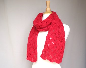 Bright Red Cashmere Scarf with Leaf Design, Hand Knit, Lacy Leaf Pattern, Luxury Women's Scarf, Super Soft