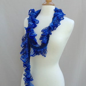 Skinny Ruffle Scarf, Royal Blue Crazy Art Scarf, Open Mesh Lace, Team Scarf, Summer Accessory, Womens Designer Fashion, Chenille Edging