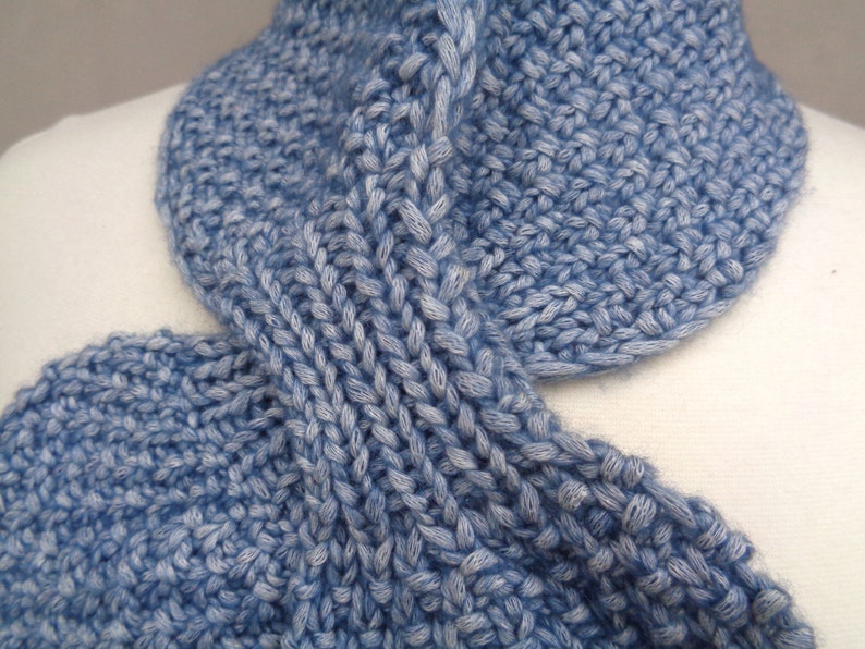 Ascot Scarf, Denim Blue, Neck Warmer Cowl, Hand Knit, Cotton Merino Wool, Pull Through Keyhole Women's Scarf image 3