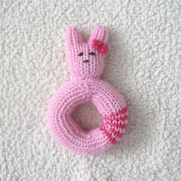 Pink Bunny Rattle, Hand Knit, Baby Girl Toy Rattle, Bunny with Bow, Chew Toy, Baby Shower Gift