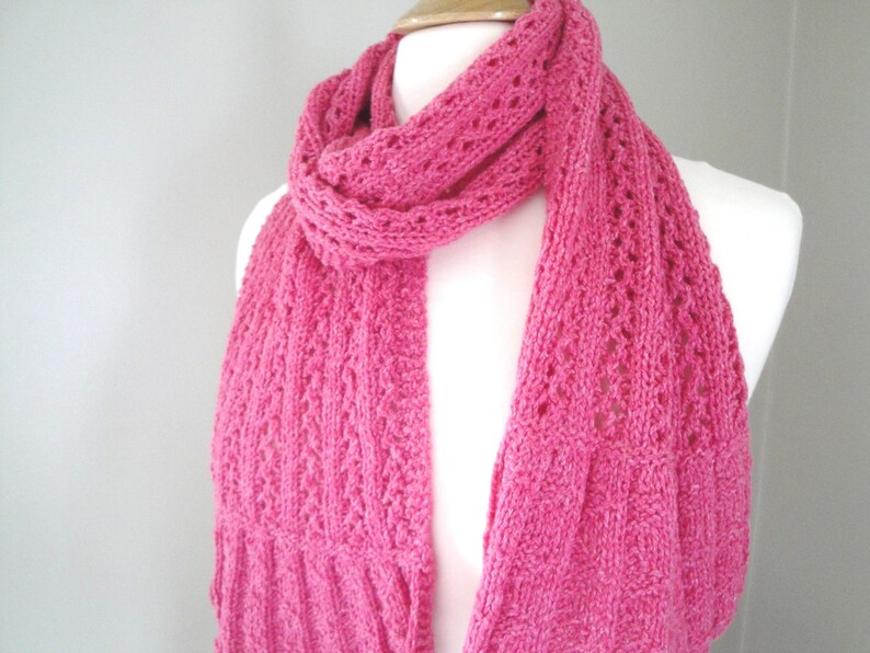 Bright Pink Lace Scarf with Flared Ends, Hand Knit, Wool Silk, Women Teen Girls, Luxury Natural Fiber, Short Knit Scarf image 2