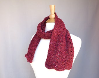 Rustic Wool Tweed Short Scarf, Deep Burgundy Red, Hand Knit, Lace Texture, Womens Winter Scarf