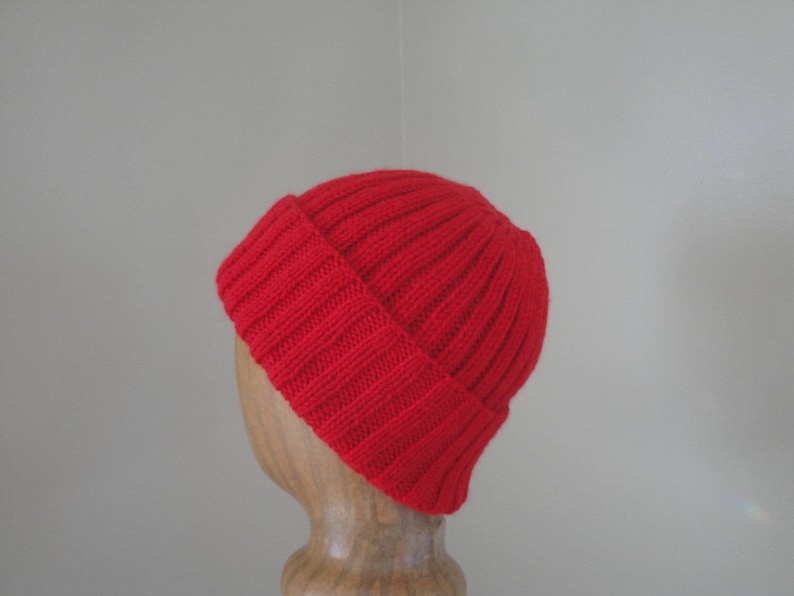 XL Mens Hat, RED, Hand Knit, 100% Wool, Beanie Hat, Watch Cap with Brim, Natural Fiber, Extra Large, Bright Red Wool Hat image 4