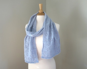 Powder Blue Snowflake Scarf, Hand Knit Wool Alpaca Angora, Wide Long Length, Warm Winter Scarf, Women's Fashion