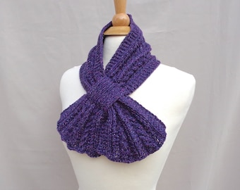 Keyhole Scarf with Cables, Hand Knit, Purple Tweed, Cotton Blend, Pull Through Neck Warmer, Elegant Design