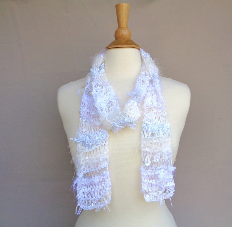 White Art Scarf, Hand Knit Designer Fashion, One of a Kind, Stringy Texture, Wild Scarf, Women & Teen Girls image 7