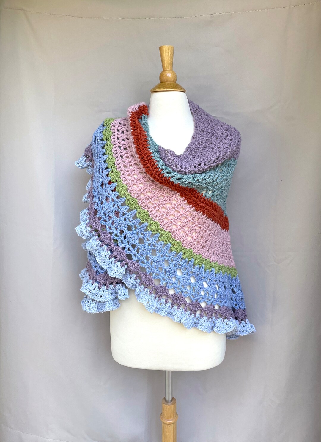 Shawl Ruffle Striped Shawl Wrap With Ruffle, Hand Crochet, Triangle Shawl, Love ...