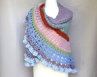 Striped Shawl Wrap with Ruffle, Hand Crochet, Triangle Shawl, Love Prayer Comfort, Bold Ruffled Wrap, Wool Blend