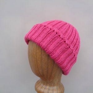 Women's Beanie Hat, Flamingo Pink, Hand Knit, 100% Wool, Watch Cap Style, Tween Teen Girls Warm Cap image 1