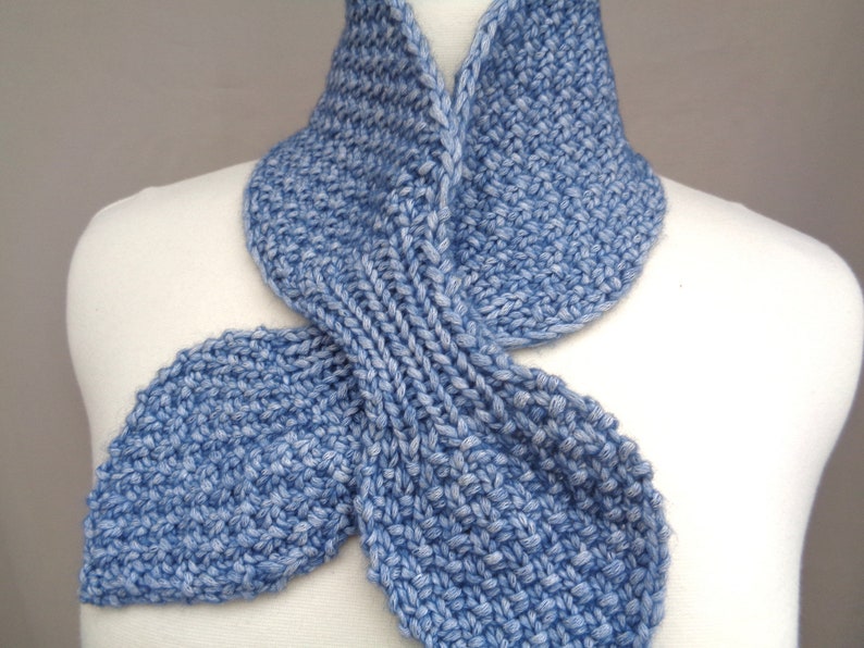 Ascot Scarf, Denim Blue, Neck Warmer Cowl, Hand Knit, Cotton Merino Wool, Pull Through Keyhole Women's Scarf image 2