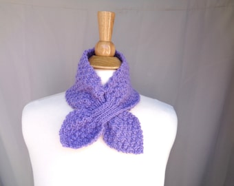 Girls Ascot Scarf, Lavender Purple, Hand Knit, Neck Warmer, Small Bow Scarf, Toddler Kids Scarf, Wool & Acrylic, Cowl Scarf