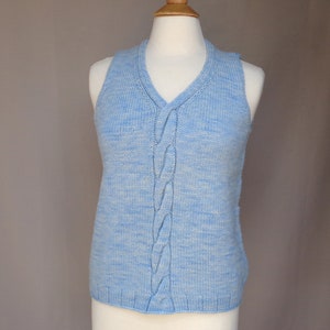 Pullover Sweater with Cable Design, Sleeveless Sweater Vest, Hand Dyed Blue Merino Wool, Hand Knit, Fall Winter Layer image 1