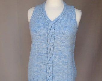 Pullover Sweater with Cable Design, Sleeveless Sweater Vest, Hand Dyed Blue Merino Wool, Hand Knit, Fall Winter Layer