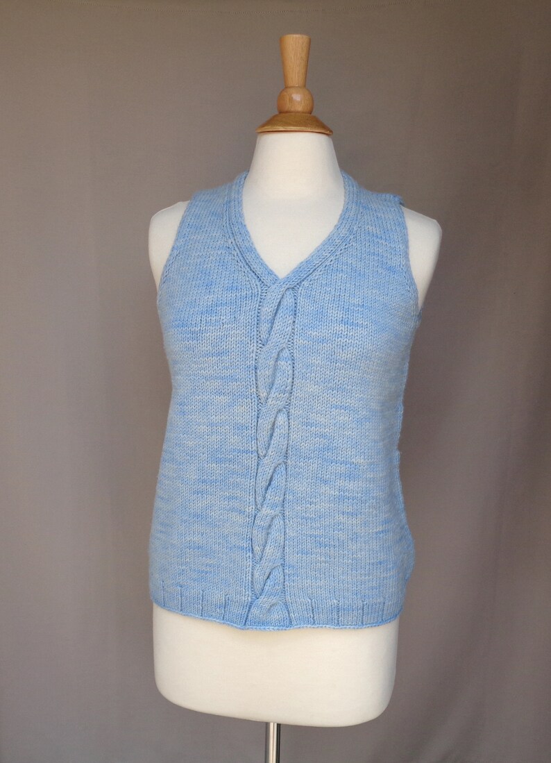 Pullover Sweater with Cable Design, Sleeveless Sweater Vest, Hand Dyed Blue Merino Wool, Hand Knit, Fall Winter Layer image 1