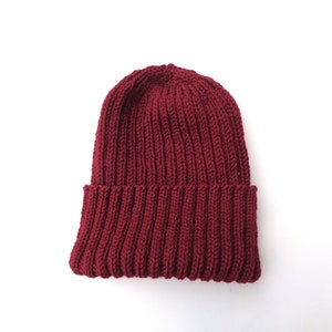 XL Mens Hat, BURGUNDY RED, Hand Knit, 100% Wool, Beanie Hat, Watch Cap with Brim, Natural Fiber, Extra Large, Wool Hat