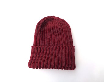 XL Mens Hat, BURGUNDY RED, Hand Knit, 100% Wool, Beanie Hat, Watch Cap with Brim, Natural Fiber, Extra Large, Wool Hat