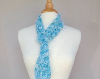 Aqua Blue Multi Art Scarf, Hand Knit Mixed Texture Designer Scarf, Women & Teen Girls, Girl Power Fashion