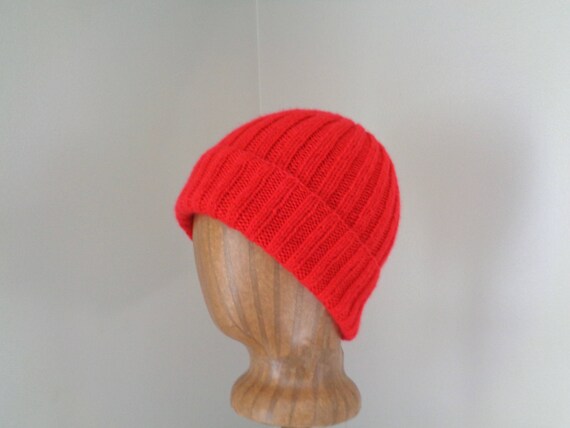 Bright Red Hat Pure Cashmere Hand Knit 