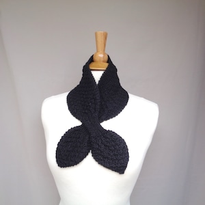 Black Ascot Scarf, Pull Through Keyhole, Alpaca Wool, Small Neck Scarf, Hand Knit Neck Warmer