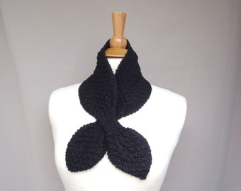 Black Ascot Scarf, Pull Through Keyhole, Alpaca Wool, Small Neck Scarf, Hand Knit Neck Warmer