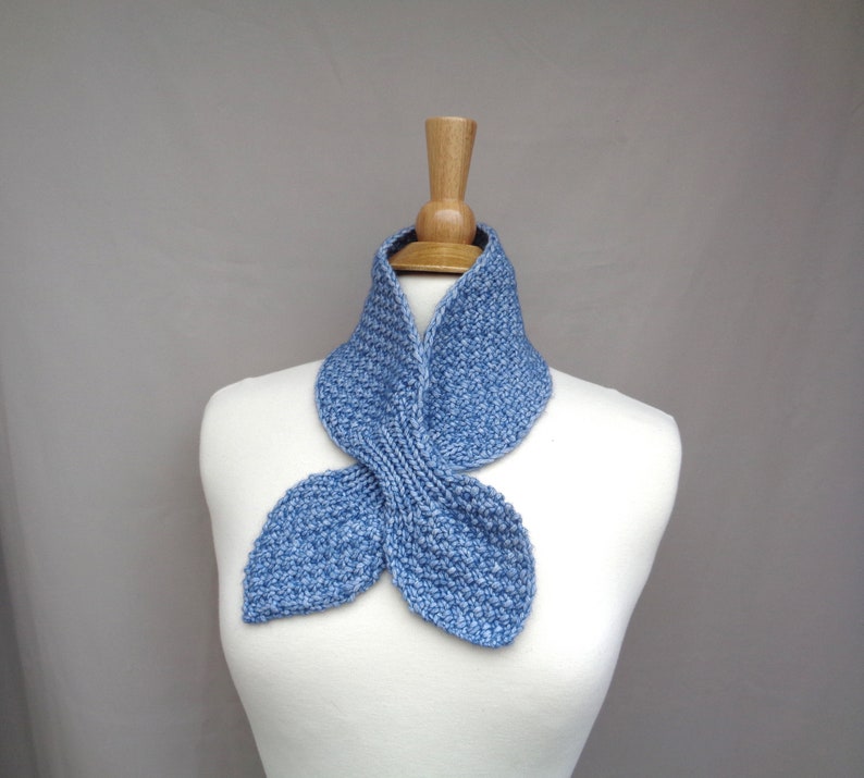 Ascot Scarf, Denim Blue, Neck Warmer Cowl, Hand Knit, Cotton Merino Wool, Pull Through Keyhole Women's Scarf image 1