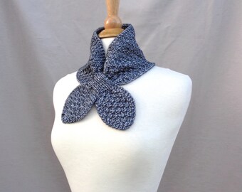 Ascot Scarf, Charcoal Gray, Neck Warmer Cowl, Hand Knit, Cotton Merino Wool, Pull Through Keyhole Women's Scarf