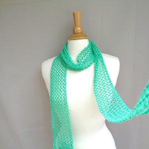 Skinny Lariat Scarf, Aqua Green Glitter, Summer Fashion, Mesh Lace, Hand Knit, Cotton Blend, Thin Knit Scarf, Women Teen Girls image 3