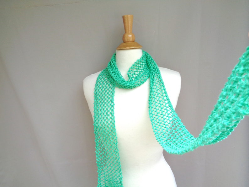 Skinny Lariat Scarf, Aqua Green Glitter, Summer Fashion, Mesh Lace, Hand Knit, Cotton Blend, Thin Knit Scarf, Women Teen Girls image 3