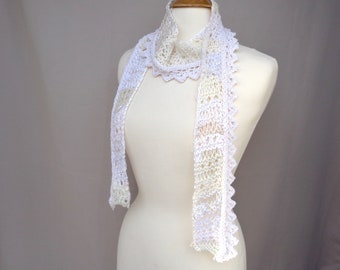 Off White Art Scarf with Scallop Lace Border, Hand Knit, White & Cream, Cotton Blend, Women Teen Girls, Stylish Fashion, Elegant Wrap