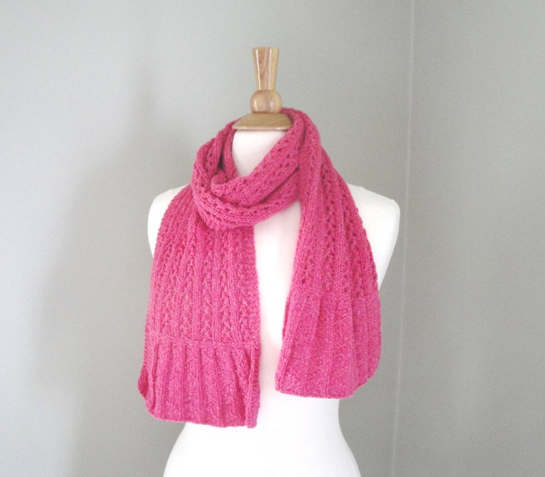 Bright Pink Lace Scarf with Flared Ends, Hand Knit, Wool Silk, Women Teen Girls, Luxury Natural Fiber, Short Knit Scarf image 1