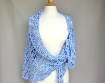 Lacy Crochet Shawl, Sky Blue, Large Triangle Shawl Wrap, Scallop Lace, Cotton Blend, Women Wedding Prayer