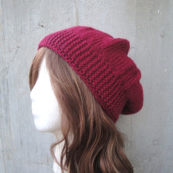 Cranberry Red Slouch Hat, Hand Knit, Slouchy Beanie, Beret Tam, Fall Winter, GIFT FOR HER