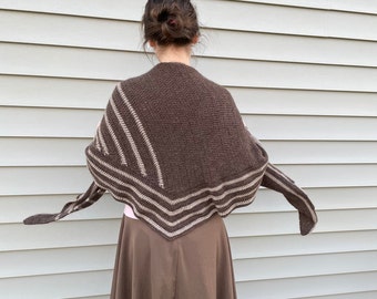 Natural Undyed Alpaca Merino Wool Shawl Wrap with Stripes, Brown and Tan, Hand Crochet, Comforting Healing Prayer Shawl, Very Soft Fluffy