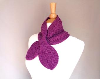 Neck Warmer Scarf, Berry Purple, Hand Knit Ascot Scarf, Cashmere Blend, Bow Neck Scarf, Womens Cowl Scarf