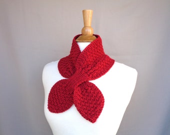 Hand Knit Neck Scarf, Bright Red, Cashmere Merino Wool, Ascot Bow Scarf, Neck Warmer, Women's Style