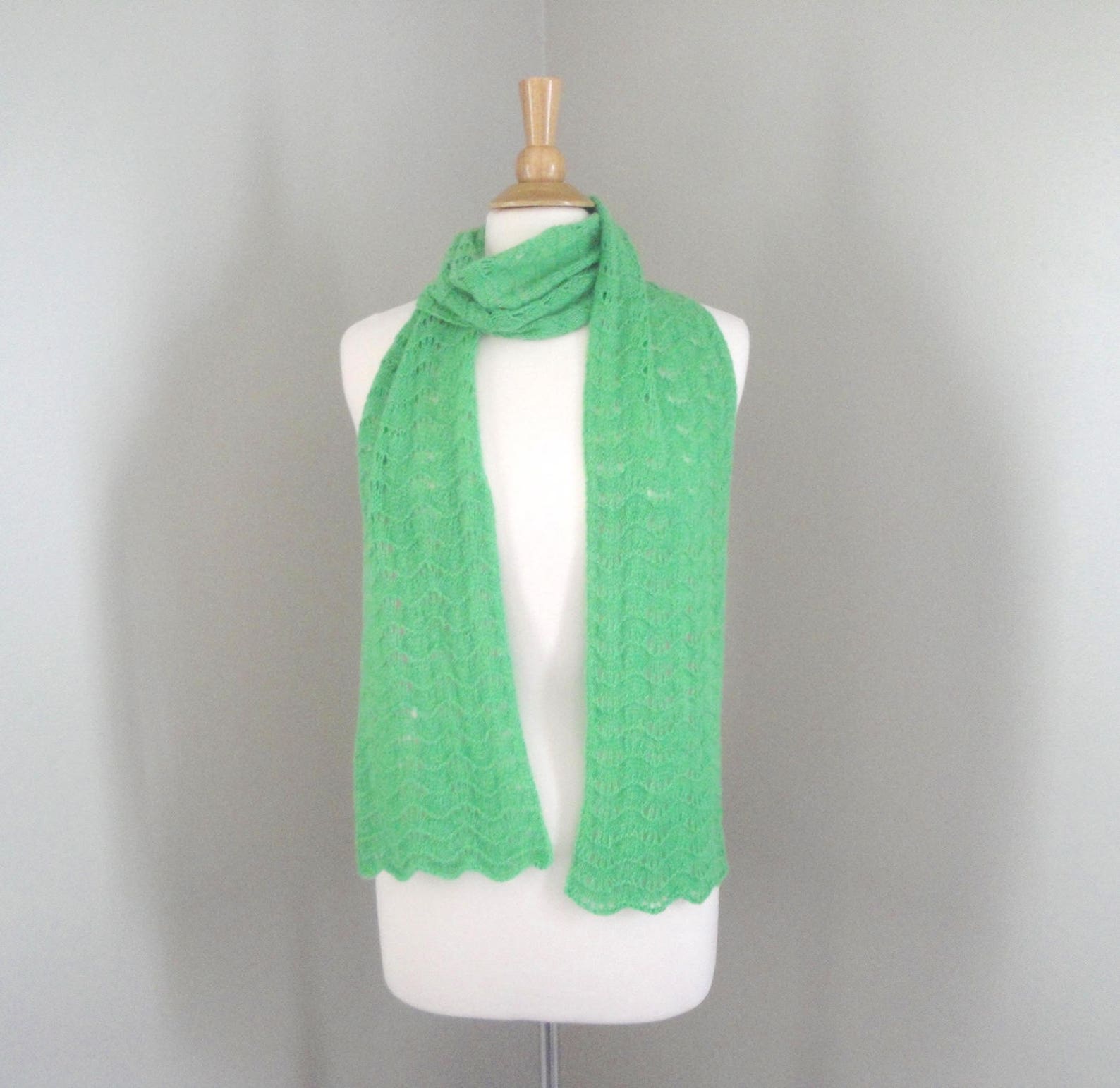 Hand Knit Cashmere Scarf Kelly Green Extra Long Lace Lacy Etsy