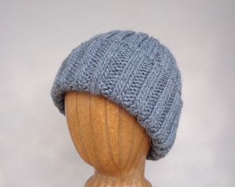 Alpaca Wool Hat, Gray, Watch Cap Beanie, Hand Knit, Teens Men Women, Warm Winter Hat