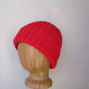 XL Mens Hat, RED, Hand Knit, 100% Wool, Beanie Hat, Watch Cap with Brim, Natural Fiber, Extra Large, Bright Red Wool Hat image 3