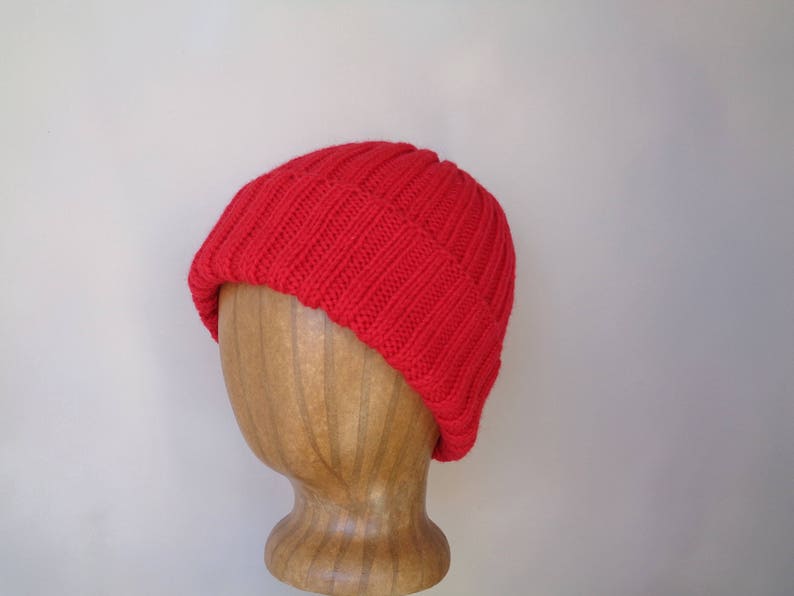 XL Mens Hat, RED, Hand Knit, 100% Wool, Beanie Hat, Watch Cap with Brim, Natural Fiber, Extra Large, Bright Red Wool Hat image 3