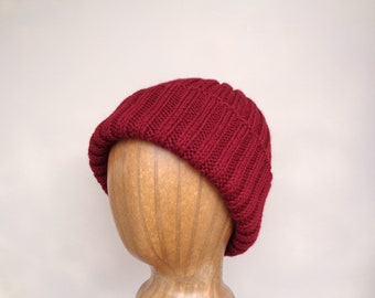 Wine Red Hat, Hand Knit Beanie, Watch Cap, Peruvian Wool, Mens Knit Hat, Warm Winter Hat, Stocking Cap, Cordovan Red