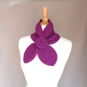 Neck Warmer Scarf, Berry, Hand Knit Ascot Scarf with Rose, Cashmere Blend, Bow Neck Scarf, Womens Cowl Scarf