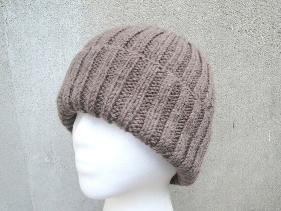 Wool Blend Hat Medium Brown Hand Knit Beanie Hat Roll Brim | Etsy